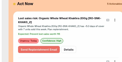 Example Mimir actionable card showing priority, impact, urgency, confidence, and recommended next steps.